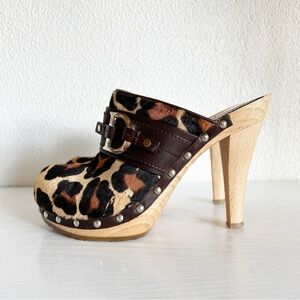 Christian Dior Vintage Leopard Calfhair Clogs Studded Wood CD Logo Heels EU 37